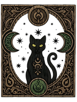 Black cat with yellow eyes in a decorative wood carving frame with celestial symbols